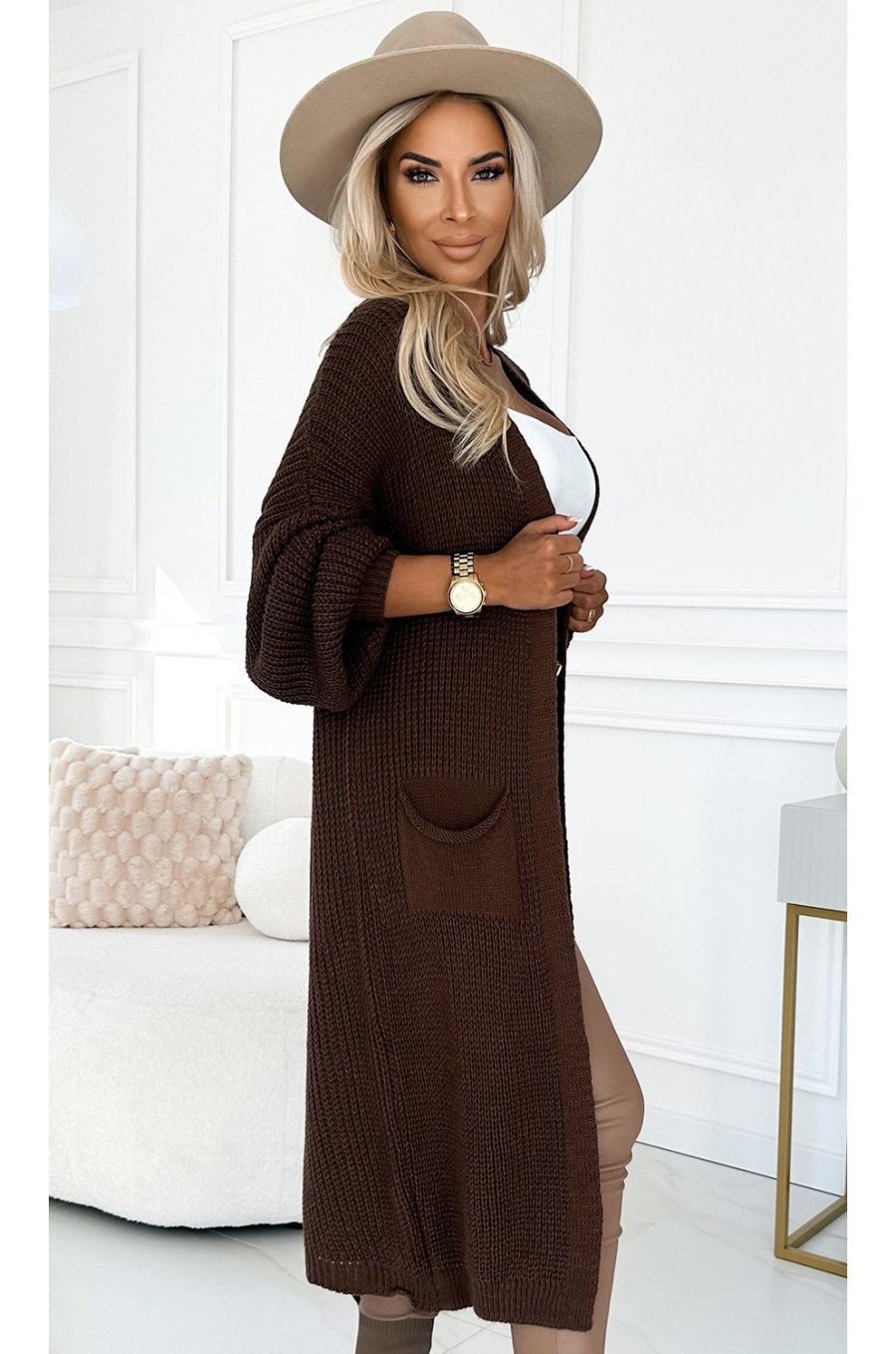 Cardigan dama lung, din acril, maro, cu buzunare, Krisse Cardigan dama lung, din acril, maro, cu buzunare, Krisse 2 - jojofashion.ro