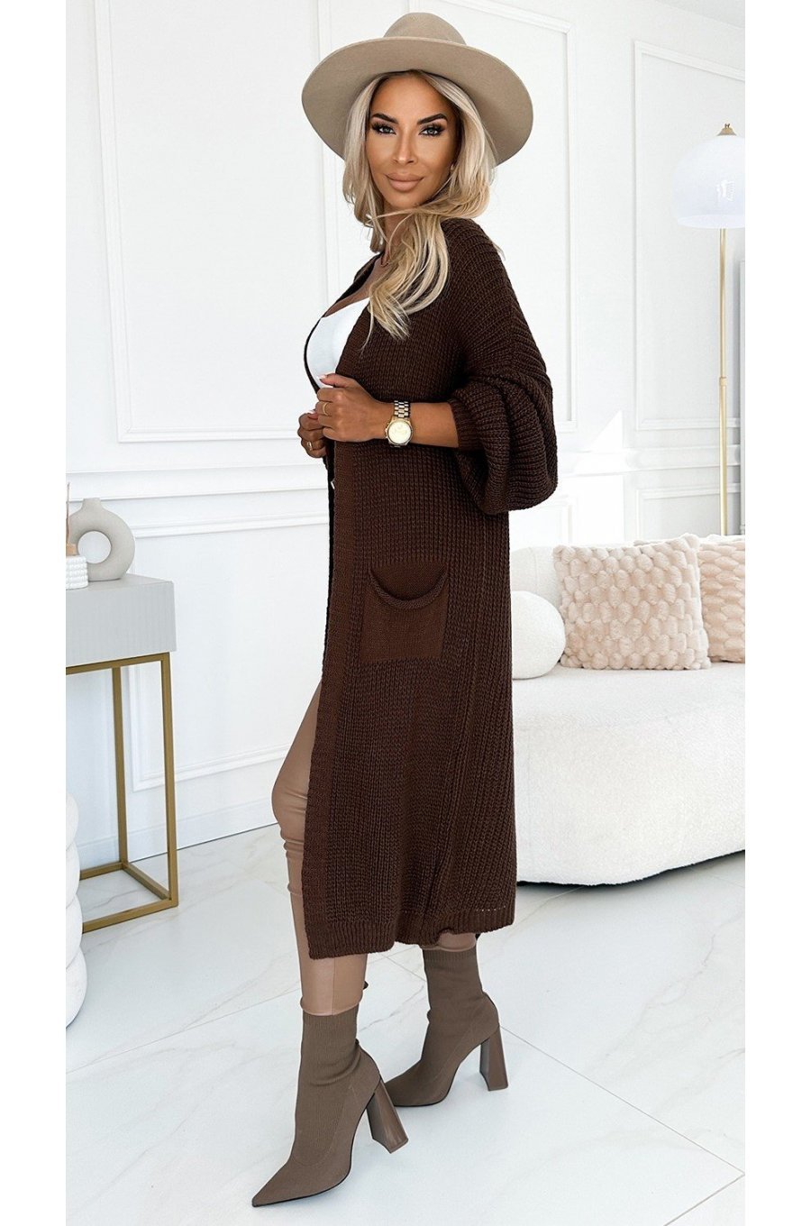 Cardigan dama lung, din acril, maro, cu buzunare, Krisse Cardigan dama lung, din acril, maro, cu buzunare, Krisse 4 - jojofashion.ro