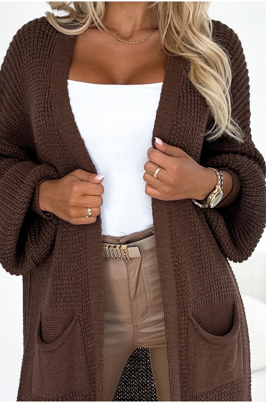 Cardigan dama lung, din acril, maro, cu buzunare, Krisse Cardigan dama lung, din acril, maro, cu buzunare, Krisse 5 - jojofashion.ro