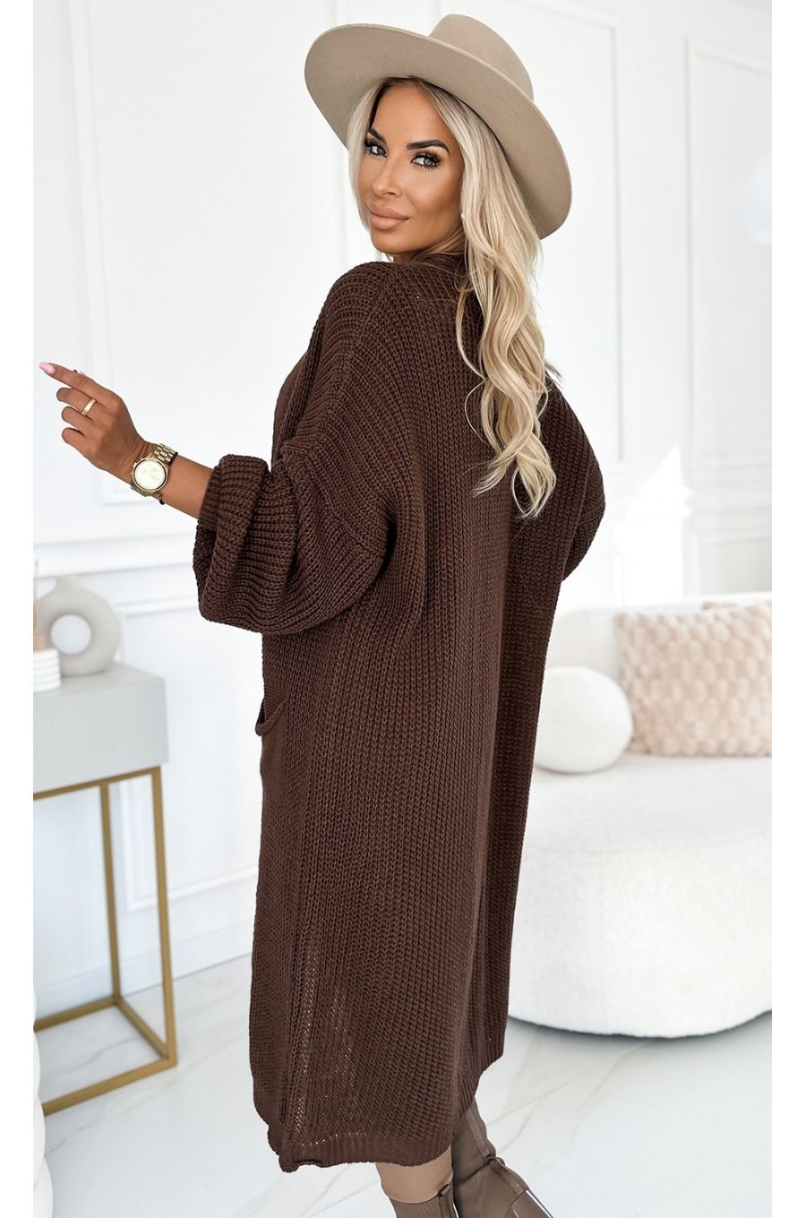 Cardigan dama lung, din acril, maro, cu buzunare, Krisse Cardigan dama lung, din acril, maro, cu buzunare, Krisse 3 - jojofashion.ro