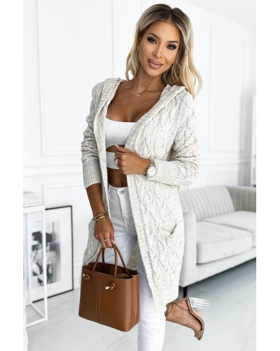 Cardigan dama midi, acryl si mohair, bej, cu gluga si buzunare, Eneida - jojofashion.ro