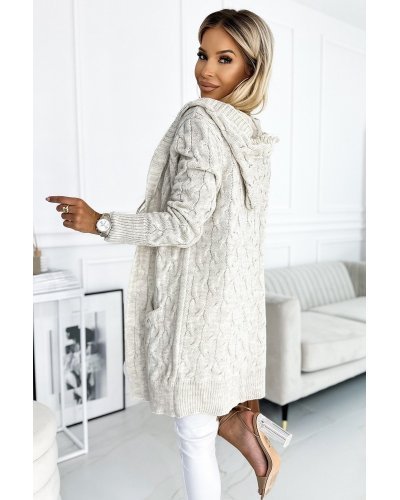 Pulovere dama, Cardigan dama midi, acryl si mohair, bej, cu gluga si buzunare, Eneida - jojofashion.ro