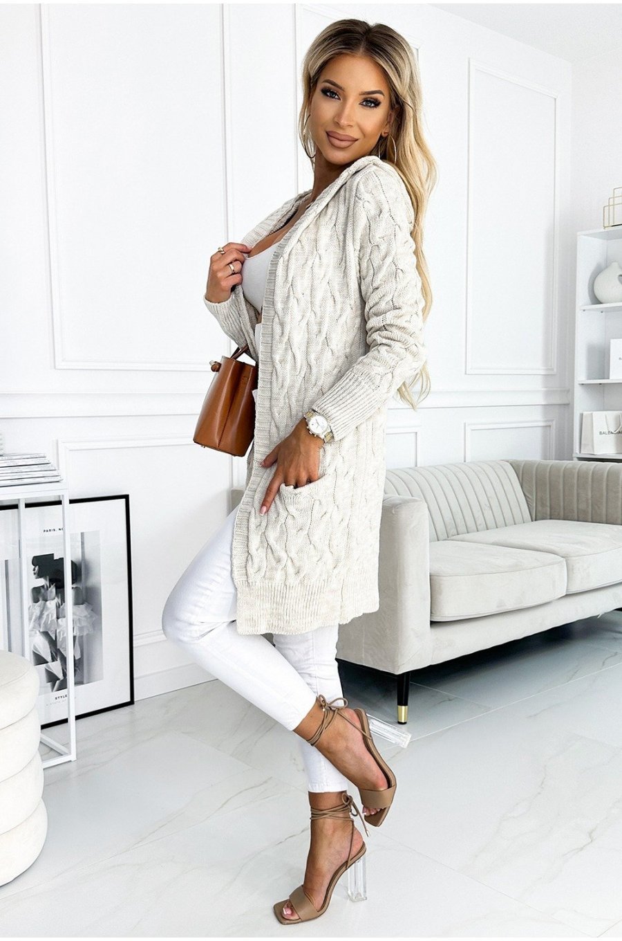 Cardigan dama midi, acryl si mohair, bej, cu gluga si buzunare, Eneida 4 - jojofashion.ro