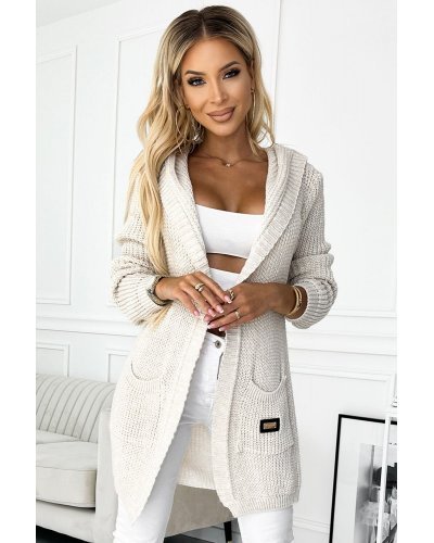 Cardigan dama midi, din acryl, bej, cu gluga si buzunare, Janet - jojofashion.ro