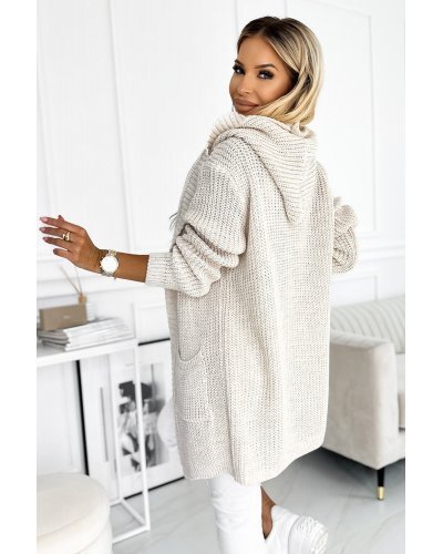 Cardigan dama midi, din acryl, bej, cu gluga si buzunare, Janet - jojofashion.ro