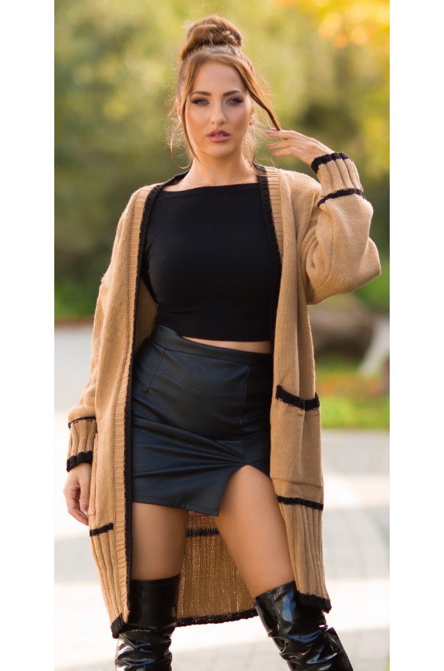 Cardigan dama midi, din acryl, cappuccino, cu buzunare si maneca lejera, Halle 1 - jojofashion.ro