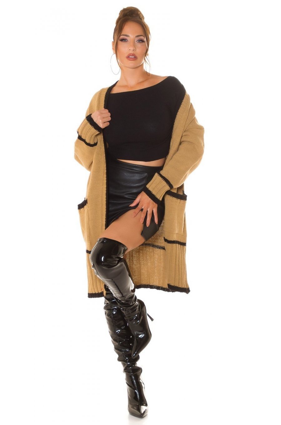 Cardigan dama midi, din acryl, cappuccino, cu buzunare si maneca lejera, Halle 3 - jojofashion.ro
