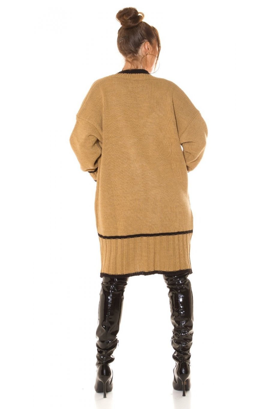 Cardigan dama midi, din acryl, cappuccino, cu buzunare si maneca lejera, Halle 5 - jojofashion.ro