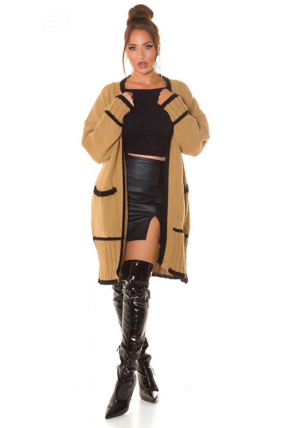 Cardigan dama midi, din acryl, cappuccino, cu buzunare si maneca lejera, Halle 6 - jojofashion.ro