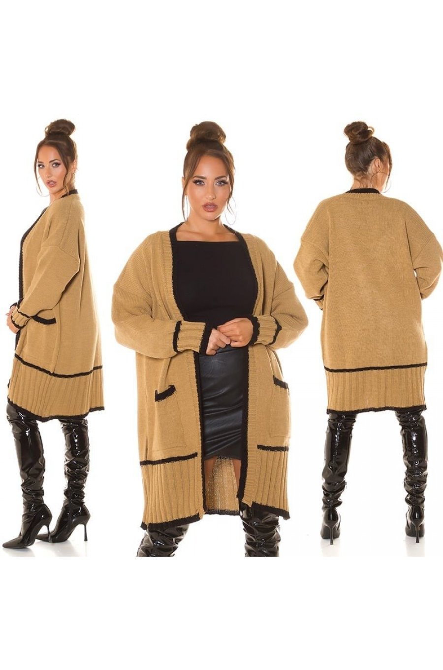 Cardigan dama midi, din acryl, cappuccino, cu buzunare si maneca lejera, Halle 7 - jojofashion.ro