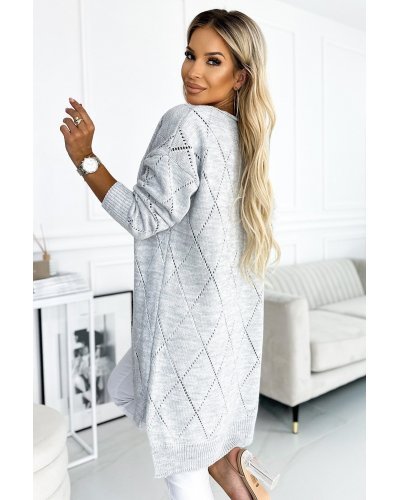 Pulovere dama, Cardigan dama midi, din acryl gri, asimetric, Ebru - jojofashion.ro
