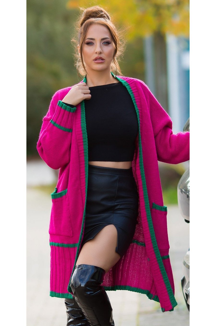 Cardigan dama midi, din acryl, roz fucsia, cu buzunare si maneca lejera, Halle 1 - jojofashion.ro