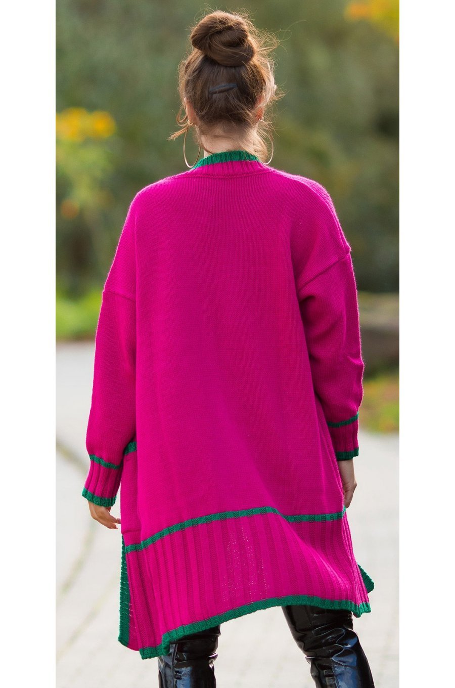 Cardigan dama midi, din acryl, roz fucsia, cu buzunare si maneca lejera, Halle 2 - jojofashion.ro