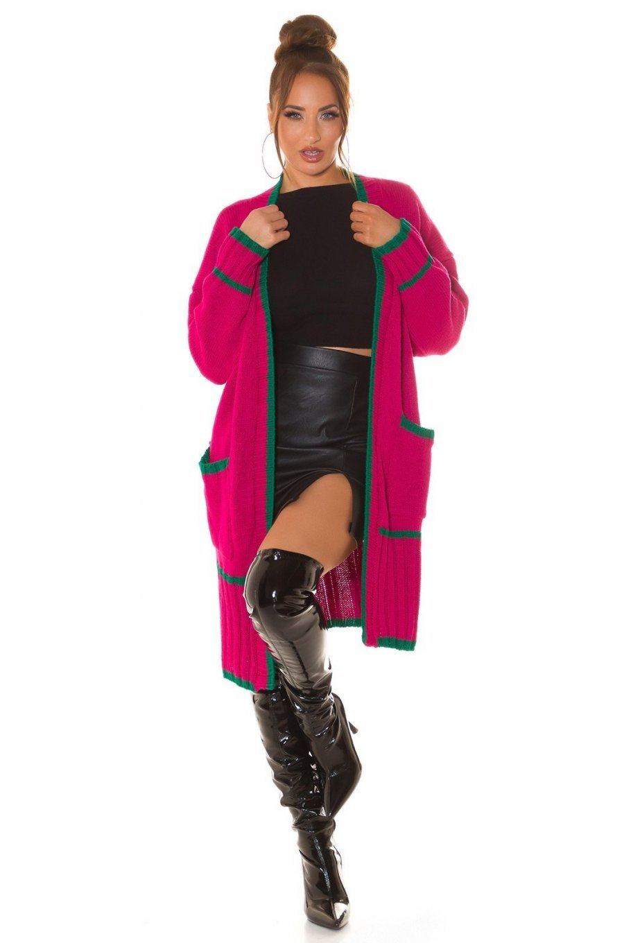 Cardigan dama midi, din acryl, roz fucsia, cu buzunare si maneca lejera, Halle 3 - jojofashion.ro