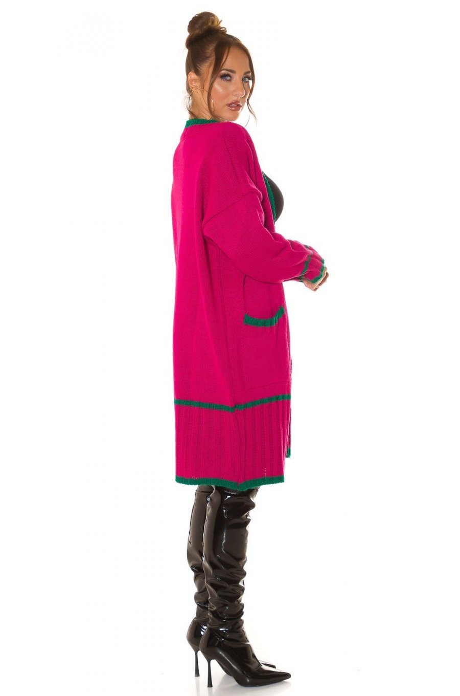 Cardigan dama midi, din acryl, roz fucsia, cu buzunare si maneca lejera, Halle 4 - jojofashion.ro