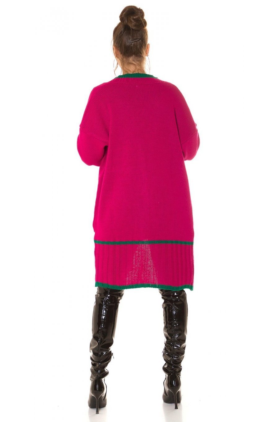 Cardigan dama midi, din acryl, roz fucsia, cu buzunare si maneca lejera, Halle 5 - jojofashion.ro