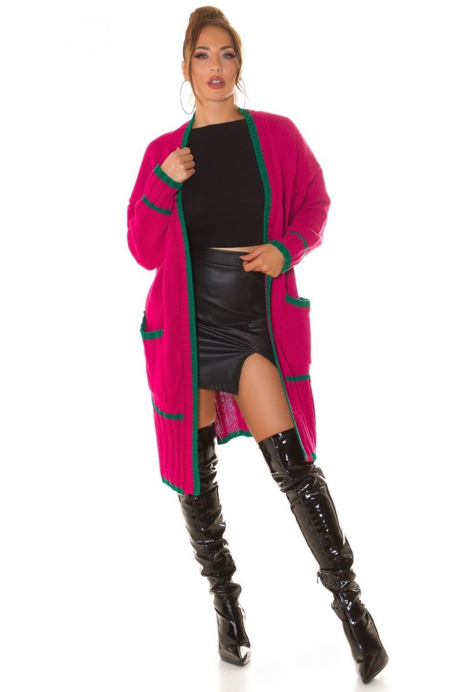 Cardigan dama midi, din acryl, roz fucsia, cu buzunare si maneca lejera, Halle 6 - jojofashion.ro
