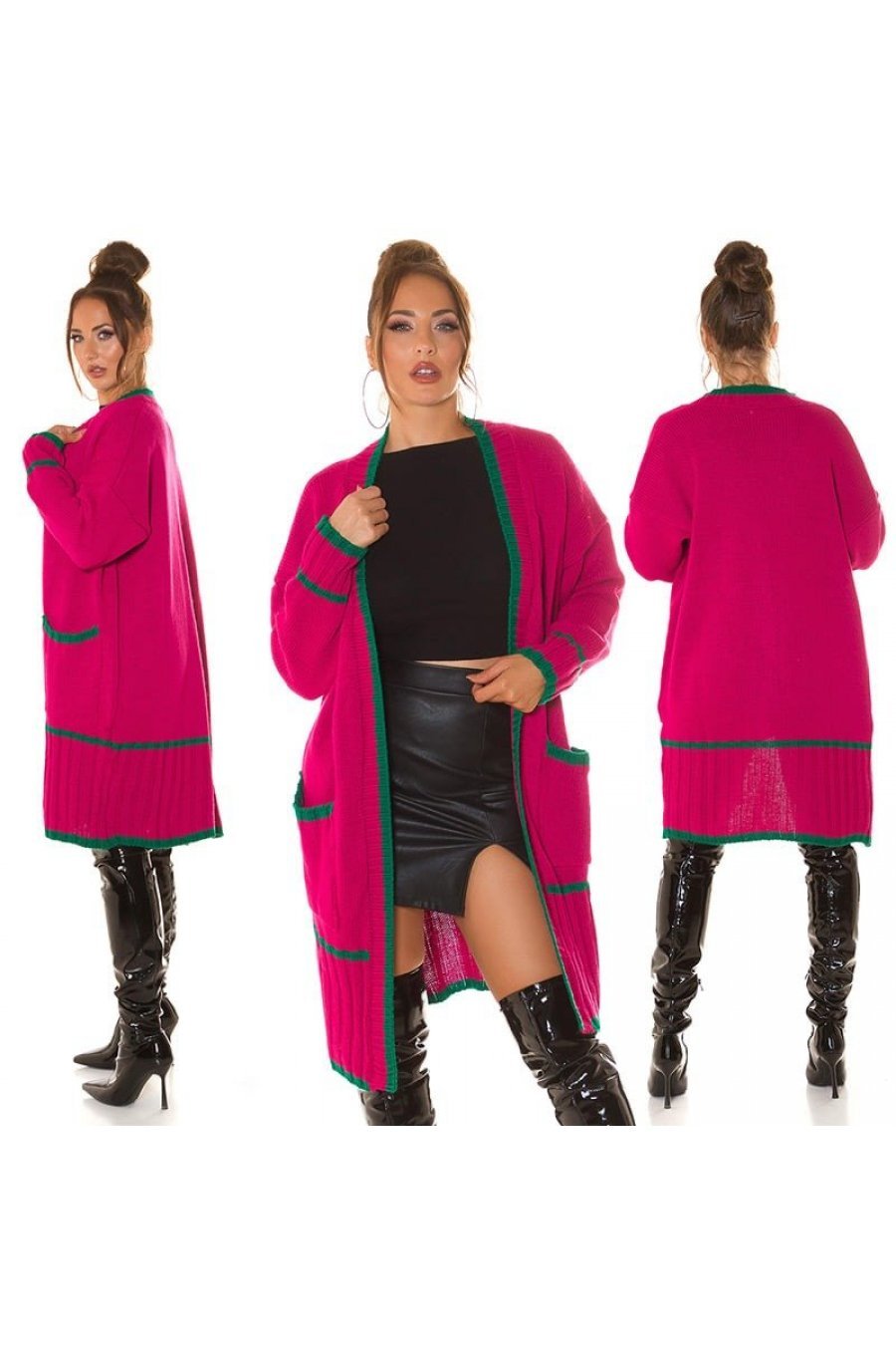 Cardigan dama midi, din acryl, roz fucsia, cu buzunare si maneca lejera, Halle 7 - jojofashion.ro