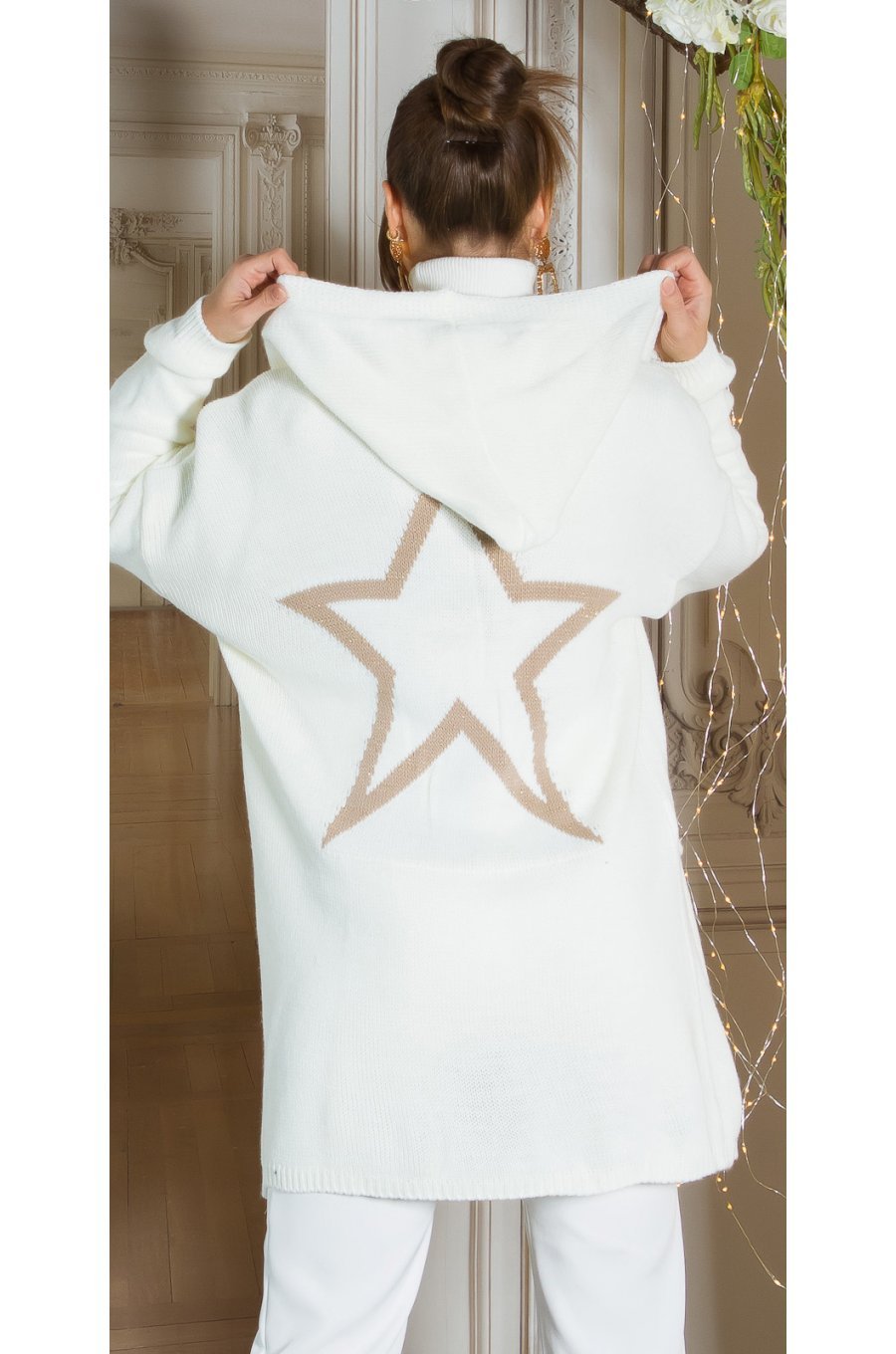 Cardigan dama oversize, midi, vascoza, alb, cu gluga si buzunare, Aylem 1 - jojofashion.ro