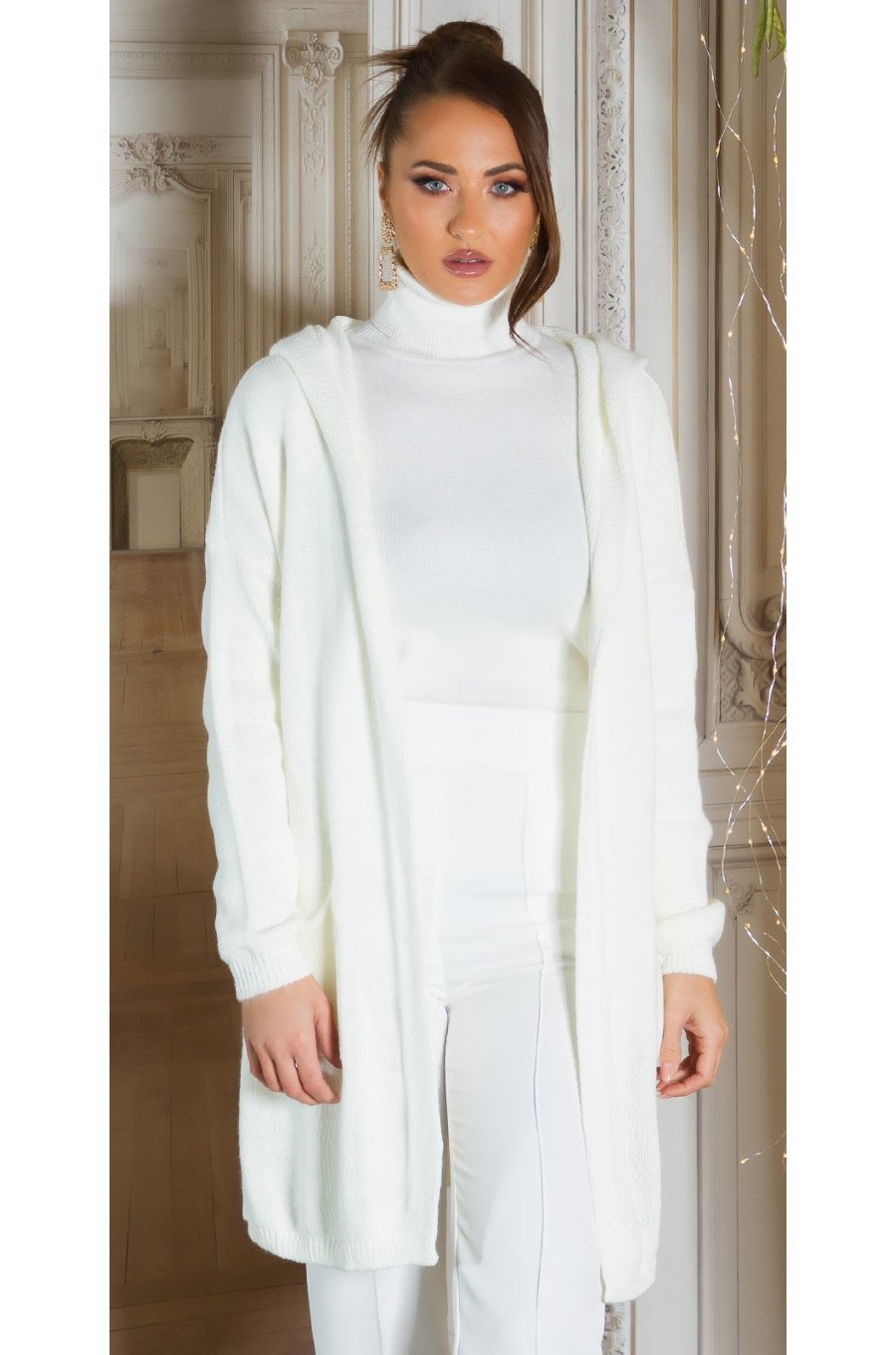 Cardigan dama oversize, midi, vascoza, alb, cu gluga si buzunare, Aylem 2 - jojofashion.ro