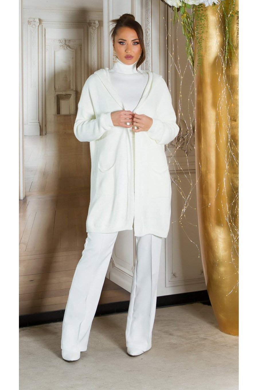 Cardigan dama oversize, midi, vascoza, alb, cu gluga si buzunare, Aylem 4 - jojofashion.ro