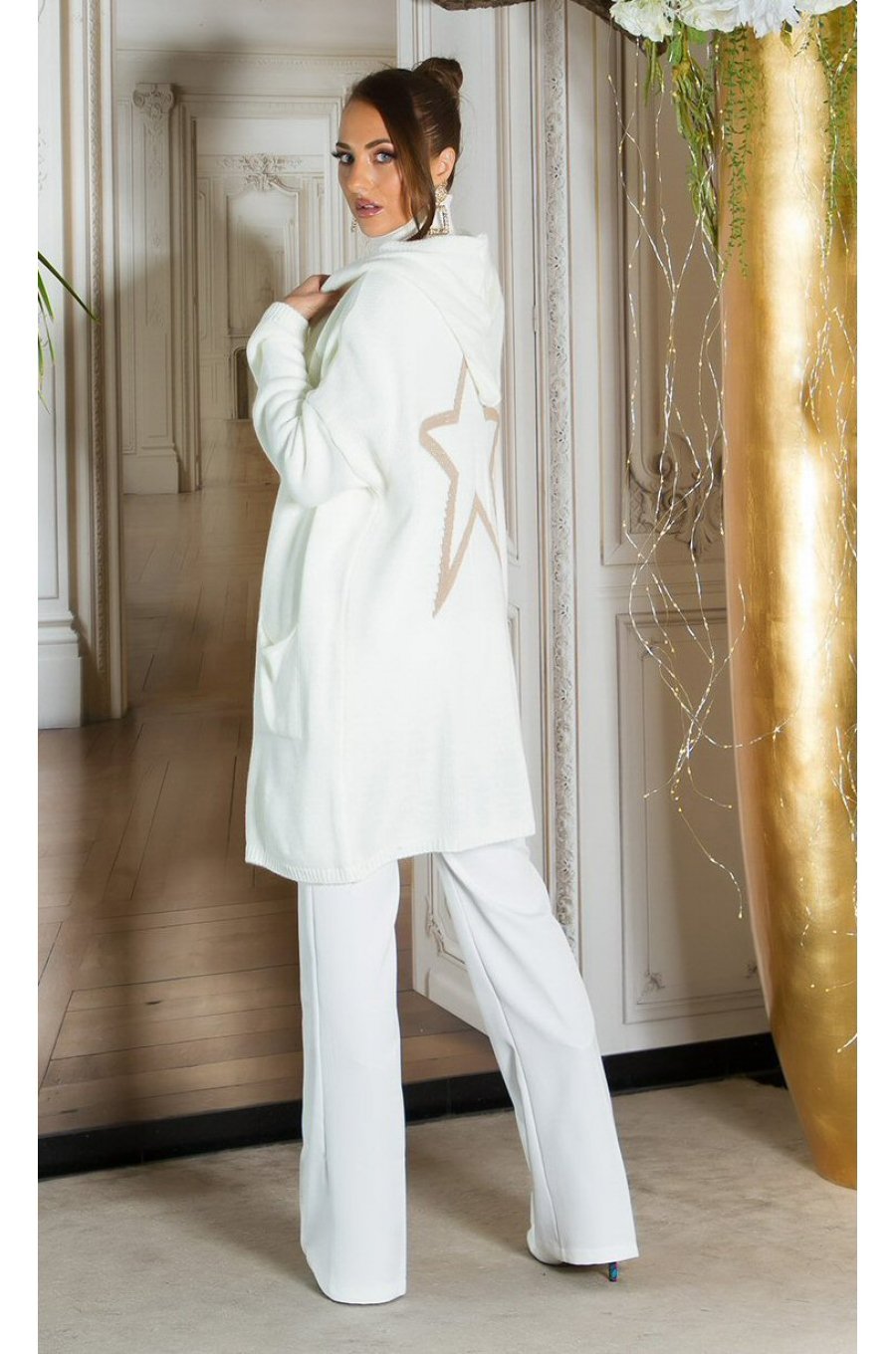 Cardigan dama oversize, midi, vascoza, alb, cu gluga si buzunare, Aylem 5 - jojofashion.ro