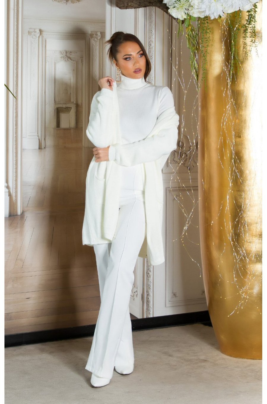 Cardigan dama oversize, midi, vascoza, alb, cu gluga si buzunare, Aylem 7 - jojofashion.ro