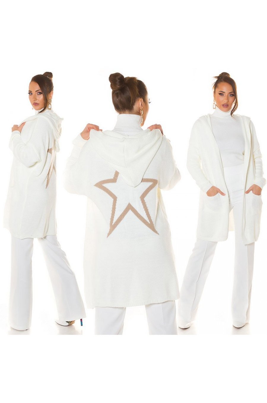 Cardigan dama oversize, midi, vascoza, alb, cu gluga si buzunare, Aylem 8 - jojofashion.ro