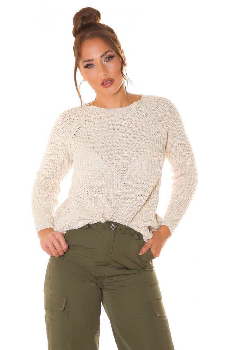 Pulover dama basic, casual, acril, bej, Cleissy 1 - jojofashion.ro