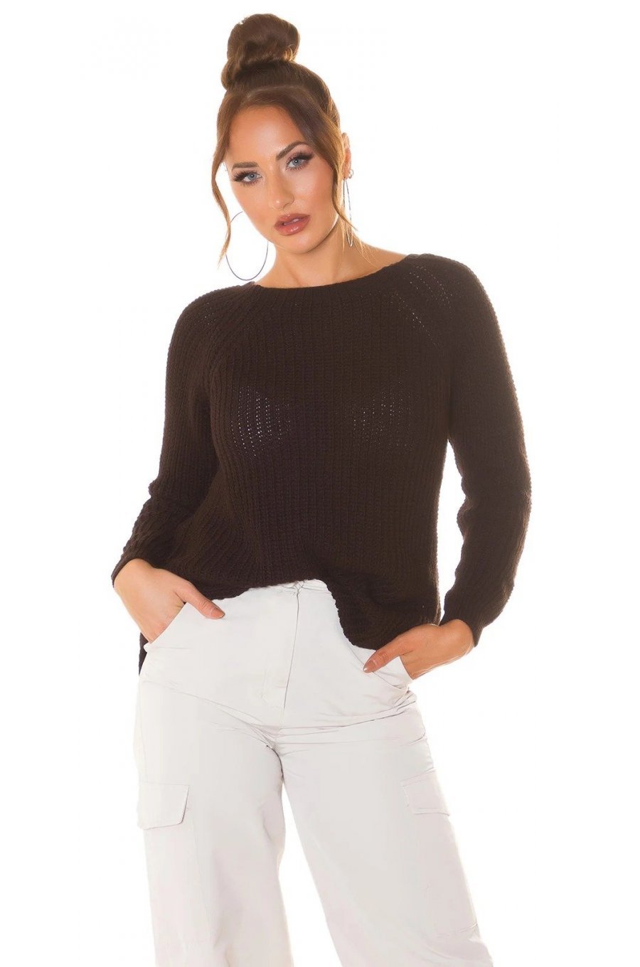 Pulover dama, basic, casual, acril, maro, Cleissy Pulover dama, basic, casual, acril, maro, Cleissy 1 - jojofashion.ro