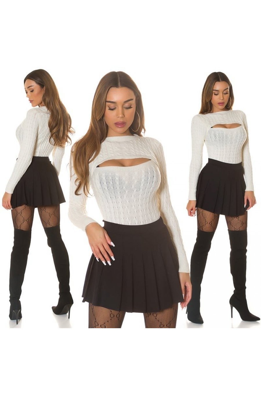 Pulover dama bej cu decupaj la bust, Unna Pulover dama bej cu decupaj la bust, Unna 4 - jojofashion.ro