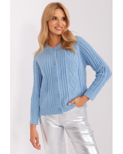Pulovere dama, Pulover dama bleu, din acril, cu nasturi si decolteu rotund, Mellek - jojofashion.ro