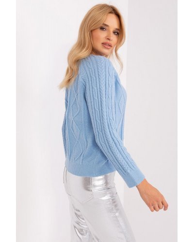Pulovere dama, Pulover dama bleu, din acril, cu nasturi si decolteu rotund, Mellek - jojofashion.ro