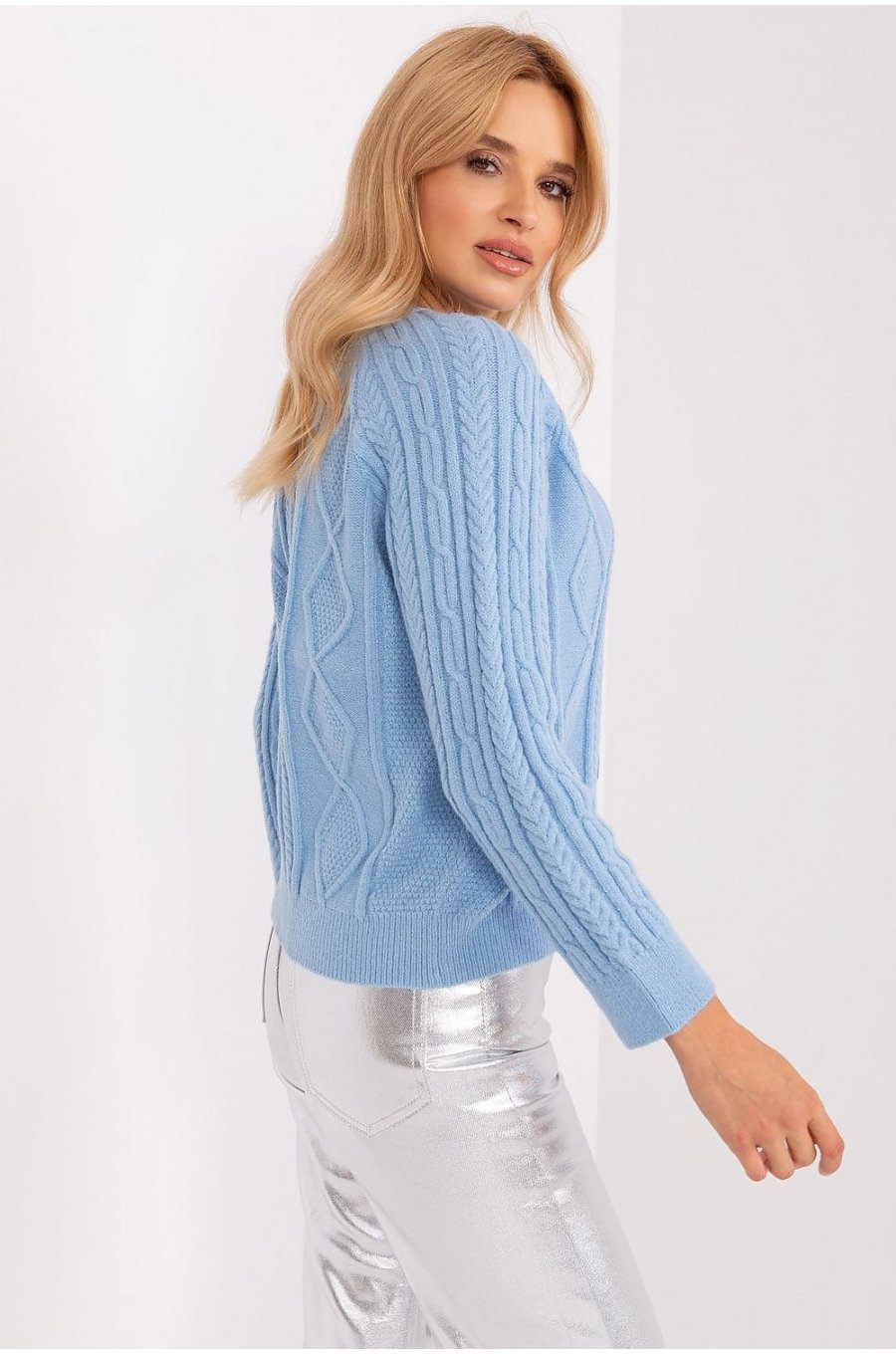 Pulover dama bleu, din acril, cu nasturi si decolteu rotund, Mellek Pulover dama bleu, din acril, cu nasturi si decolteu rotund, Mellek 2 - jojofashion.ro