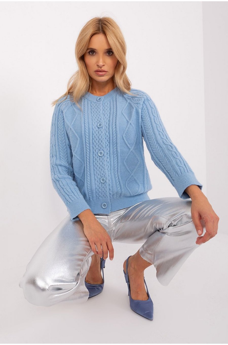 Pulover dama bleu, din acril, cu nasturi si decolteu rotund, Mellek Pulover dama bleu, din acril, cu nasturi si decolteu rotund, Mellek 3 - jojofashion.ro