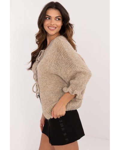 Pulovere dama, Pulover dama cappuccino, din acril, cu maneca bufanta, Alliyah4 - jojofashion.ro