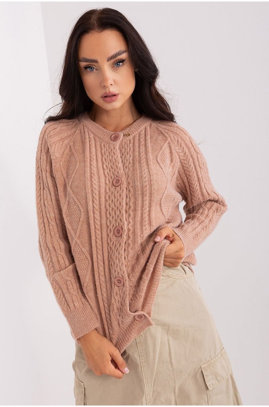 Pulover dama cappuccino, din acril, cu nasturi si decolteu rotund, Mellek2 Pulover dama cappuccino, din acril, cu nasturi si decolteu rotund, Mellek2 1 - jojofashion.ro