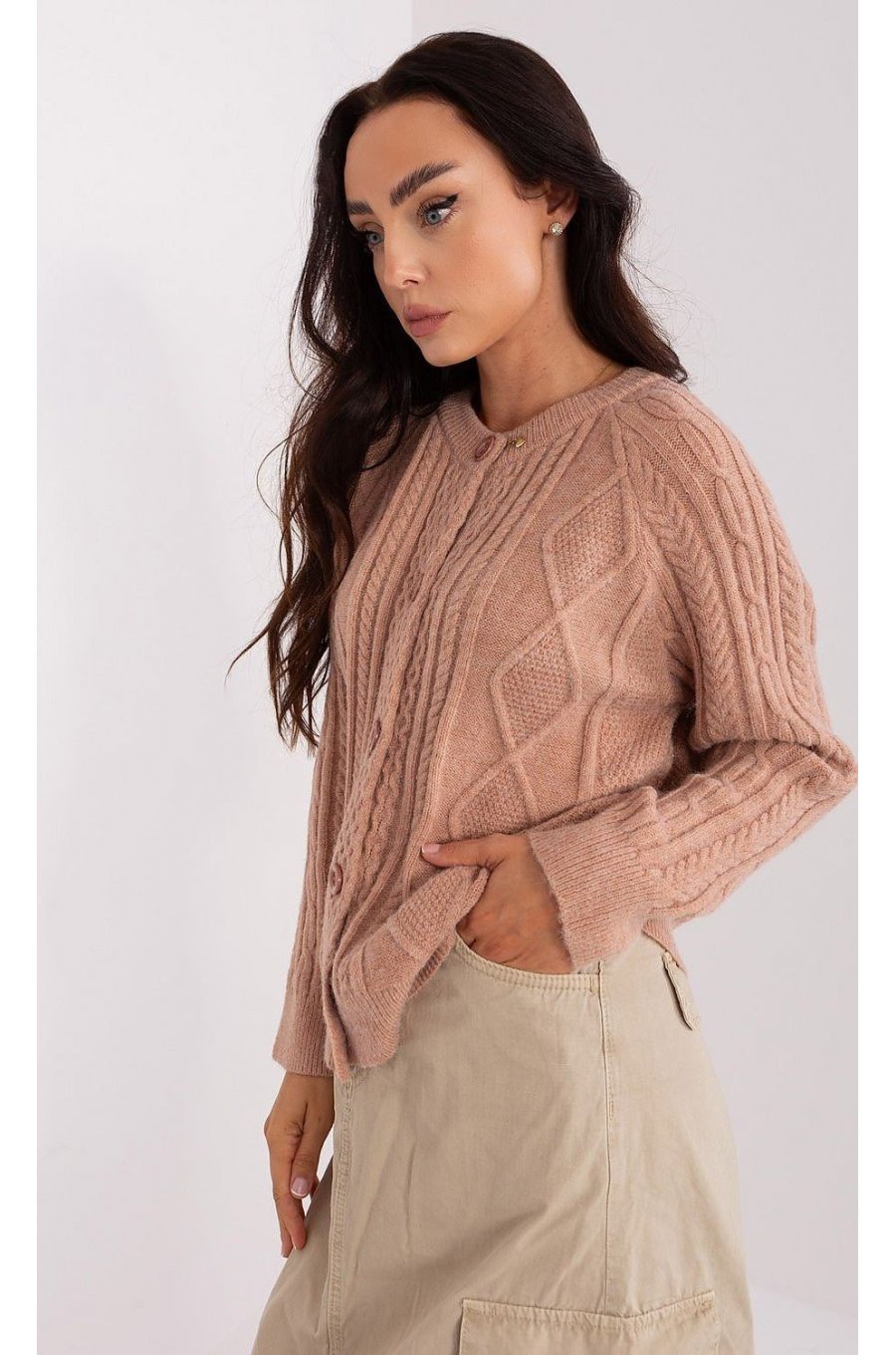 Pulover dama cappuccino, din acril, cu nasturi si decolteu rotund, Mellek2 Pulover dama cappuccino, din acril, cu nasturi si decolteu rotund, Mellek2 2 - jojofashion.ro