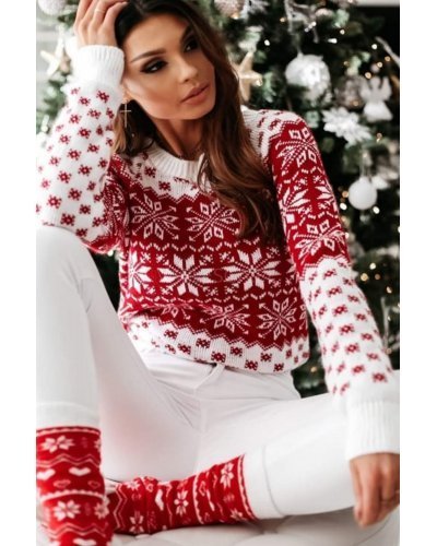 Pulovere dama, Pulover dama casual, de Craciun, alb cu imprimeu rosu, Jesse - jojofashion.ro