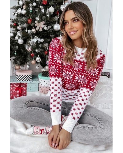 Pulovere dama, Pulover dama casual, de Craciun, alb cu imprimeu rosu, Jesse - jojofashion.ro