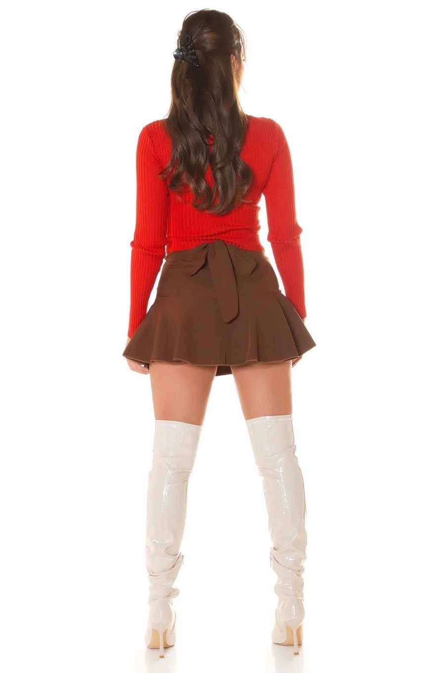 Pulover dama crop, din vascoza, orange, petrecut, cu choker, Trudy 4 - jojofashion.ro