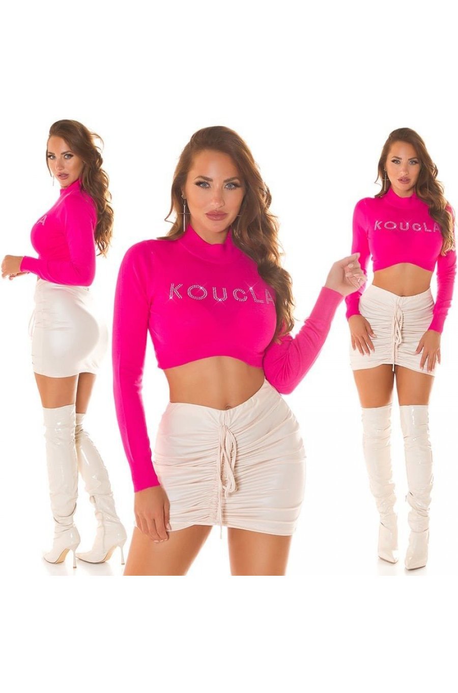 Pulover dama crop, din vascoza, roz fucsia, mulat, Joana 7 - jojofashion.ro