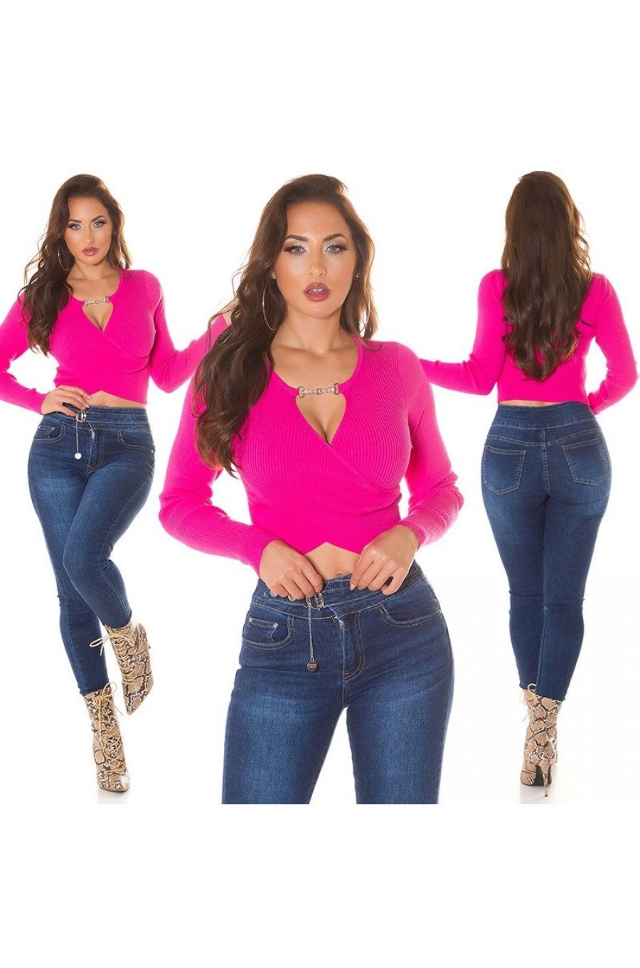 Pulover dama crop, vascoza roz, petrecut, Lucienne Pulover dama crop, vascoza roz, petrecut, Lucienne 4 - jojofashion.ro