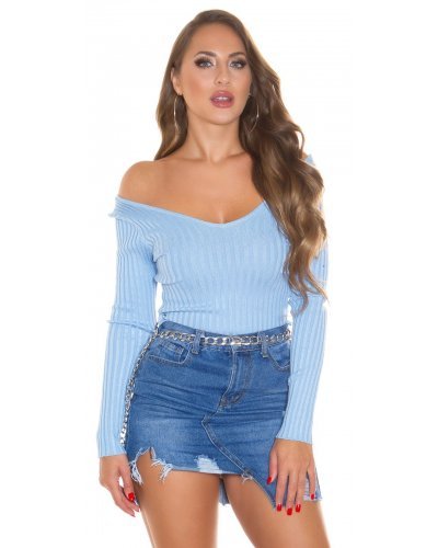 Pulover dama din vascoza baby blue, mulat, cu decolteu in V, Ailbhe - jojofashion.ro