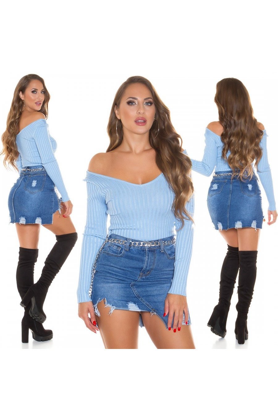 Pulover dama din vascoza baby blue, mulat, cu decolteu in V, Ailbhe 5 - jojofashion.ro
