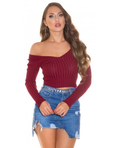 Pulover dama din vascoza burgundy, mulat, cu decolteu in V, Ailbhe - jojofashion.ro