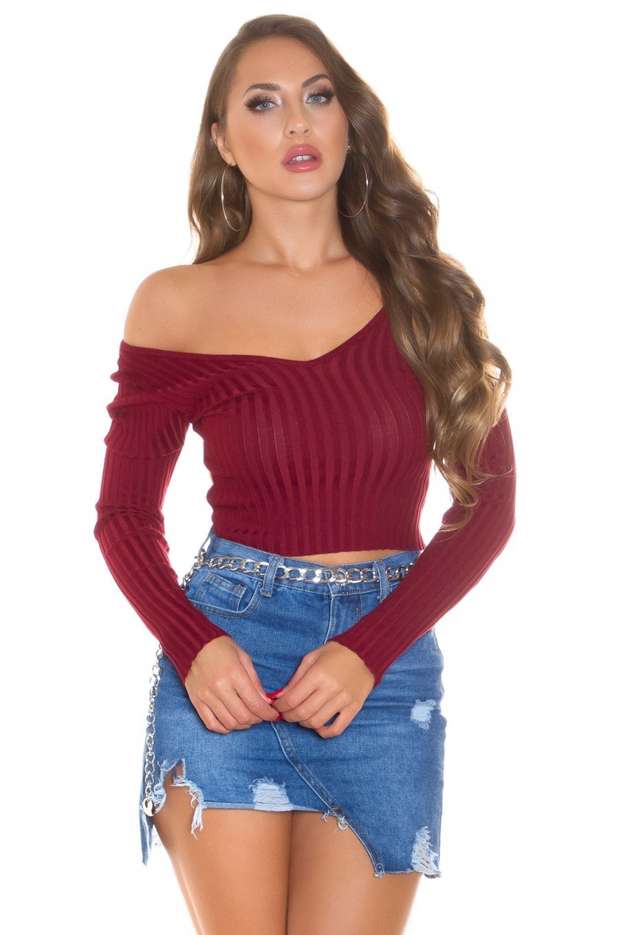 Pulover dama din vascoza burgundy, mulat, cu decolteu in V, Ailbhe Pulover dama din vascoza burgundy, mulat, cu decolteu in V, Ailbhe 1 - jojofashion.ro