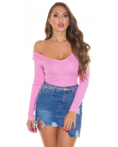 Pulover dama din vascoza roz, mulat, cu decolteu in V, Ailbhe - jojofashion.ro