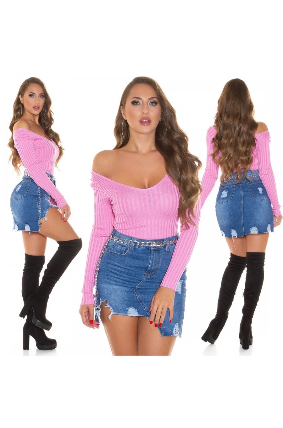 Pulover dama din vascoza roz, mulat, cu decolteu in V, Ailbhe Pulover dama din vascoza roz, mulat, cu decolteu in V, Ailbhe 5 - jojofashion.ro