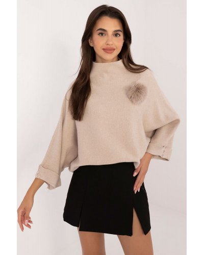 Pulovere dama, Pulover dama elegant, din vascoza, bej, cu guler inalt si maneca trei sferturi, Swetee - jojofashion.ro